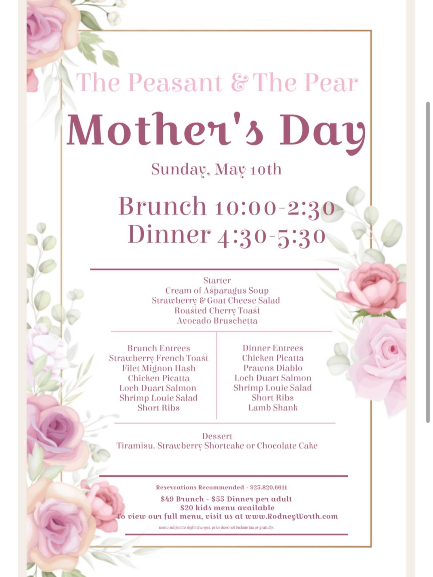 The Peasant & The Pear Mother's Day Brunch & Dinner